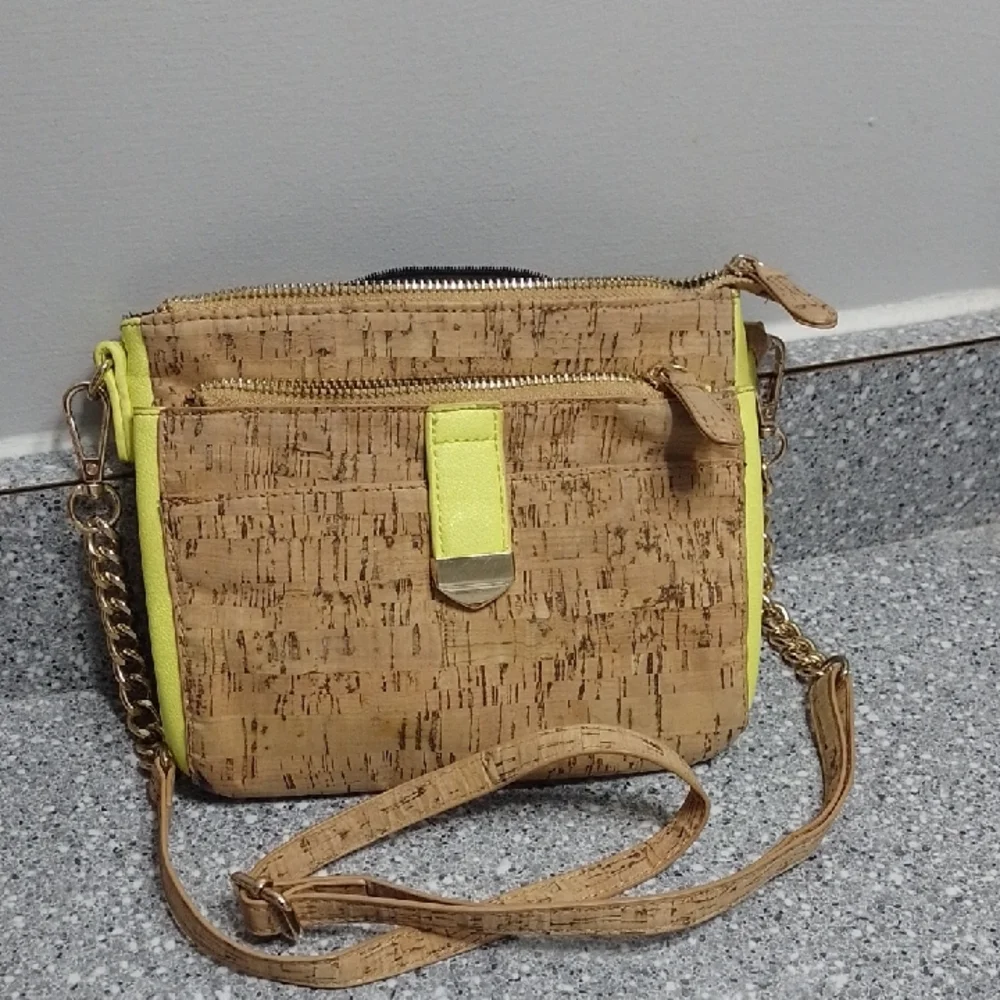 Miztique Tan and Yellow Crossbody Bag with Cork Texture